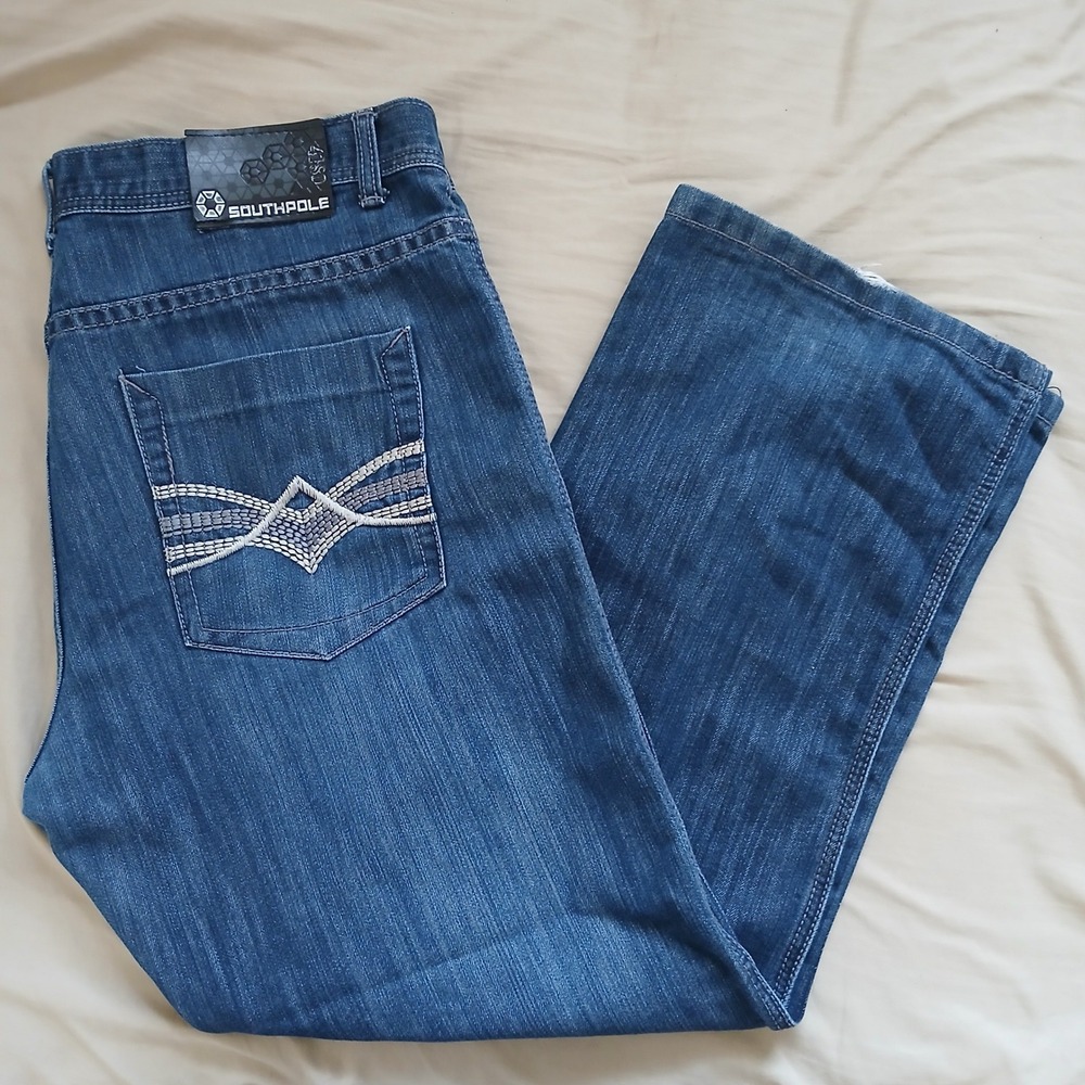 Southpole Jeans Mens 42x32 Blue Embroidered Relaxed Fit Baggy Y2K Streetwear